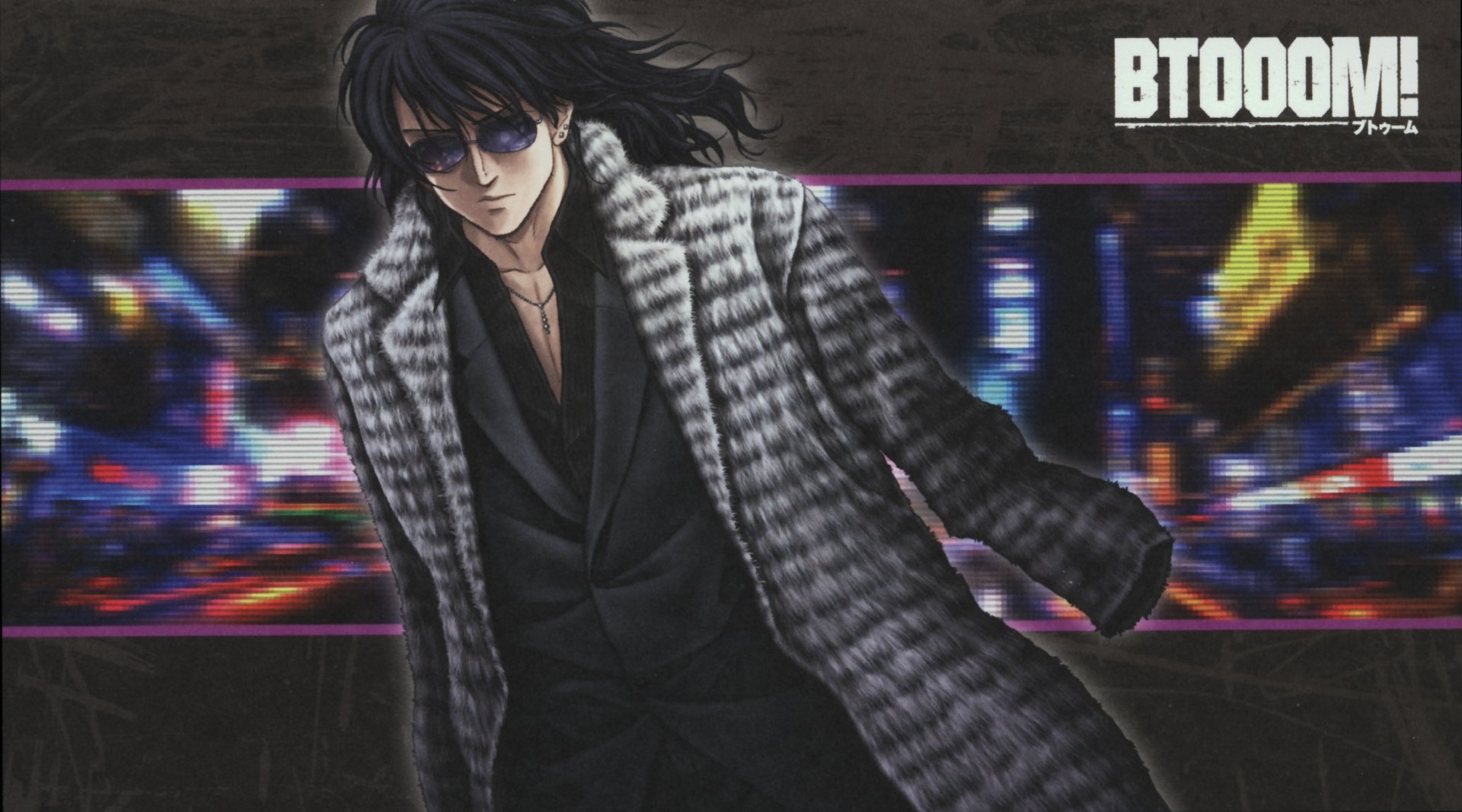 Nobutaka Oda (Anime Btooom!) in a houndstooth coat and black suit against neon city blur; Btooom! logo at top — 4K Ultra HD PC desktop wallpaper/background.