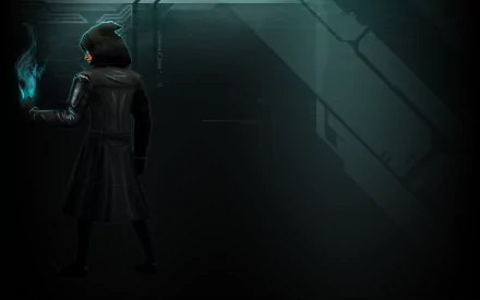 HD PC desktop wallpaper featuring a cyberpunk character from Shadowrun Returns, cloaked in dark attire with a glowing blue flame in hand against a shadowy urban backdrop.