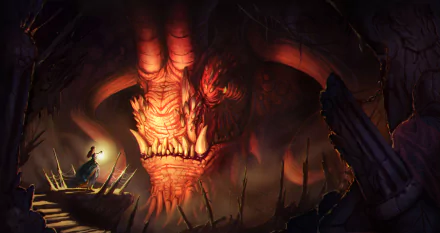 A fantastical scene depicting a massive demon looming in a dark cavern, as a figure stands on a staircase, illuminated by a flickering light. This 4K Ultra HD wallpaper captivates with its vivid detail.