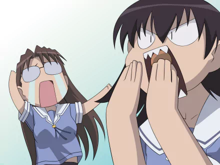Anime (Azumanga Daioh) HD PC desktop wallpaper: two schoolgirls in sailor uniforms shouting with exaggerated, comedic expressions against a pale background.