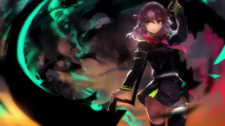 Anime character Shinoa Hīragi from Seraph of the End, depicted with purple hair, brown eyes, scythe, uniform, and thigh highs, smiling confidently. HD desktop wallpaper and background image.