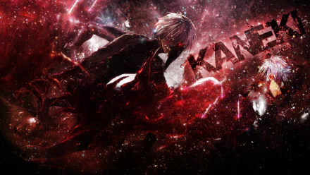 A dynamic HD wallpaper featuring Ken Kaneki from Tokyo Ghoul, showcasing his red eyes, white hair, and characteristic mask, surrounded by a vibrant cosmic background and the text KANeki.