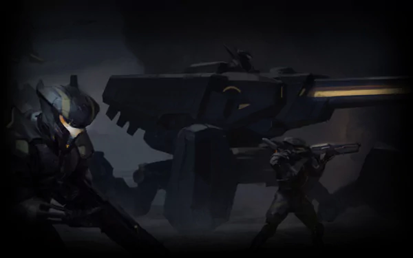 Dark, atmospheric HD desktop wallpaper from the video game Sid Meier's Civilization: Beyond Earth, featuring futuristic soldiers and a large mech in a shadowy environment.