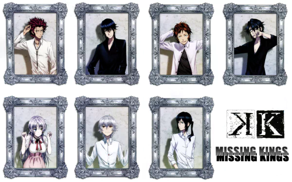 A dynamic HD wallpaper featuring characters from the anime K Project, including Kuroh Yatogami, Yashiro Isana, Neko, Misaki Yata, Saruhiko Fushimi, Reisi Munakata, and Mikoto Suoh.