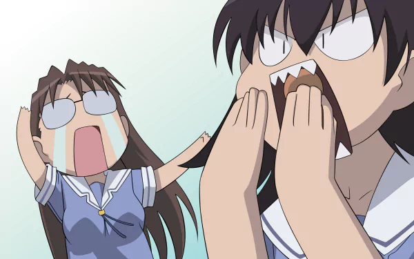 Anime (Azumanga Daioh) HD PC desktop wallpaper: two schoolgirls in sailor uniforms shouting with exaggerated, comedic expressions against a pale background.