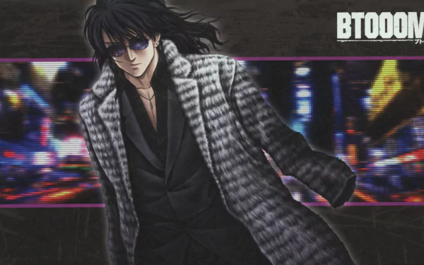 Nobutaka Oda (Anime Btooom!) in a houndstooth coat and black suit against neon city blur; Btooom! logo at top — 4K Ultra HD PC desktop wallpaper/background.