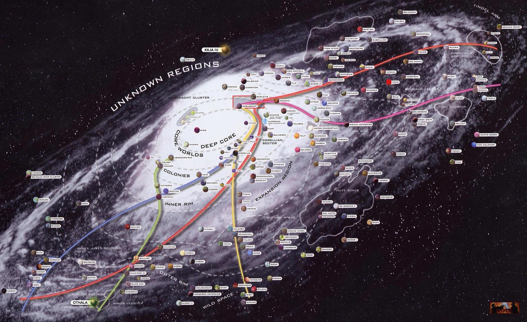HD desktop wallpaper featuring an intricate map of the galaxy from the Star Wars universe, detailing various regions and planets within the iconic sci-fi setting.