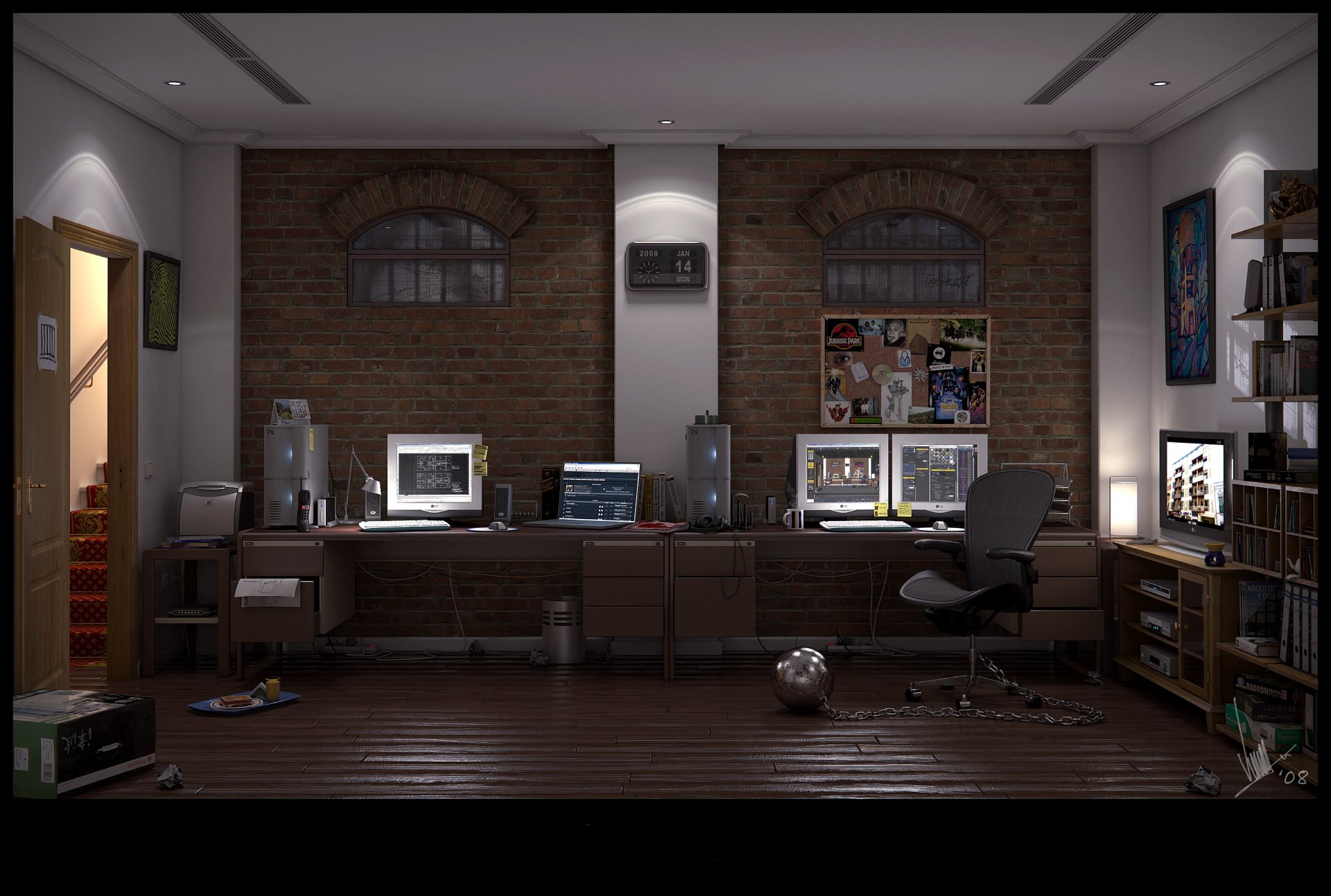 HD PC desktop wallpaper showcasing a dimly lit man-made room with exposed brick walls, dual computer setups, and modern office furniture.