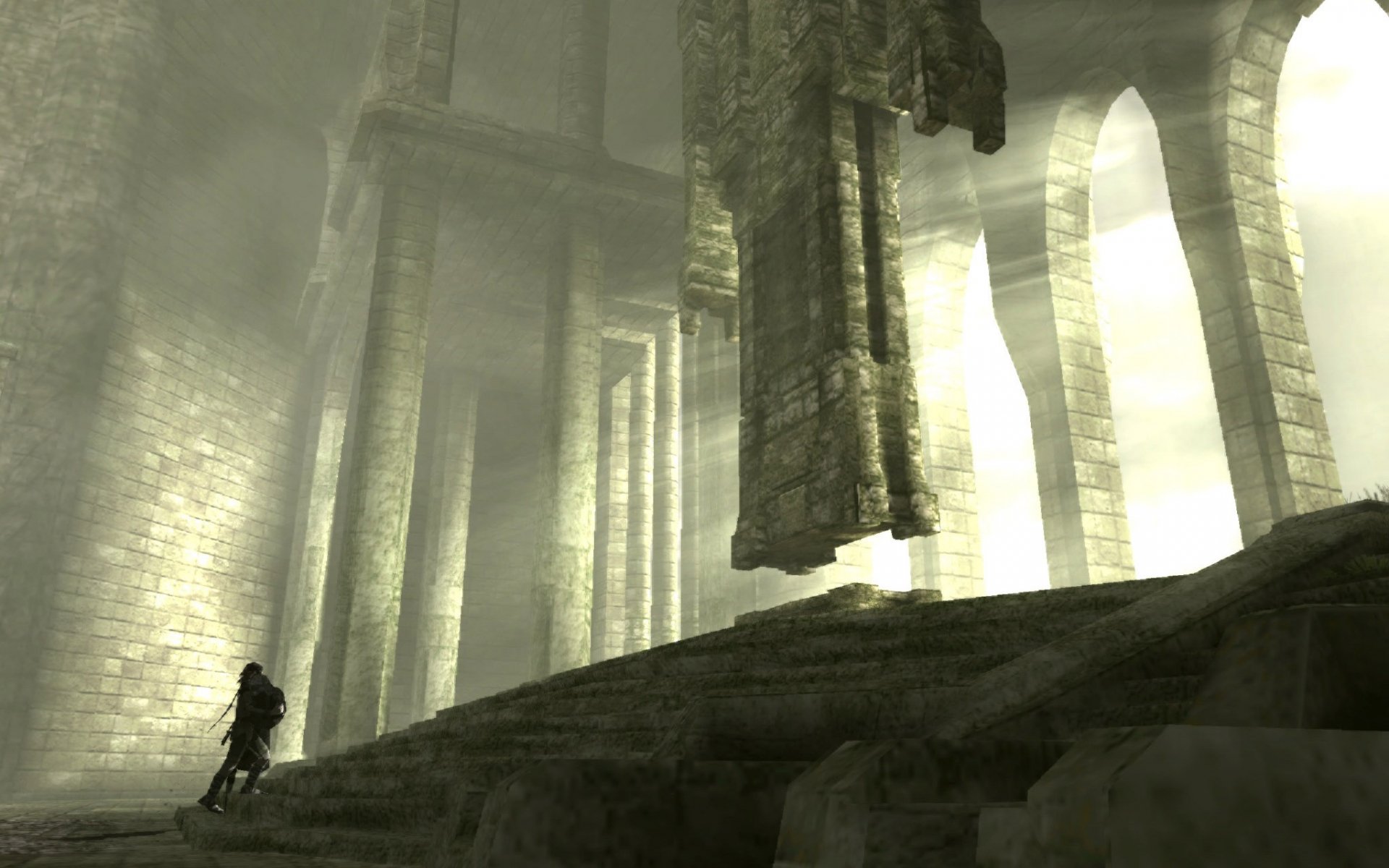 A stunning HD wallpaper from the video game Shadow of the Colossus, featuring a lone figure navigating ancient ruins illuminated by soft, ethereal light.
