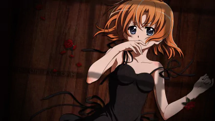 Rena Ryūgū from Higurashi When They Cry in a black dress lying on a wooden floor amid scattered roses — anime HD PC desktop wallpaper/background.