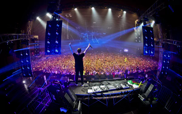 A dynamic HD wallpaper featuring Hardwell on stage, raising his hands to an electrified crowd, illuminated by vibrant lights and vibrant energy of the music scene.