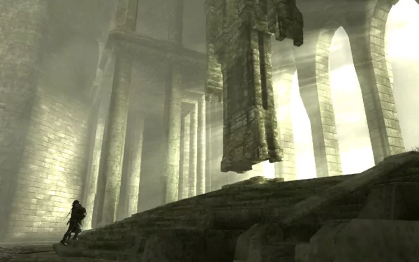 A stunning HD wallpaper from the video game Shadow of the Colossus, featuring a lone figure navigating ancient ruins illuminated by soft, ethereal light.