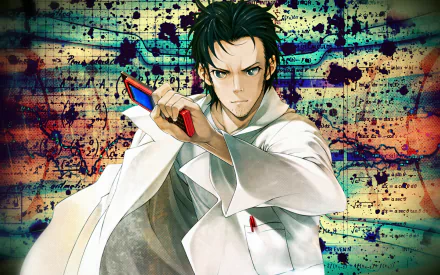 Rintaro Okabe from Steins;Gate stands confidently in a white lab coat, brandishing a device, set against a vibrant, abstract background filled with musical notes and splashes of color.