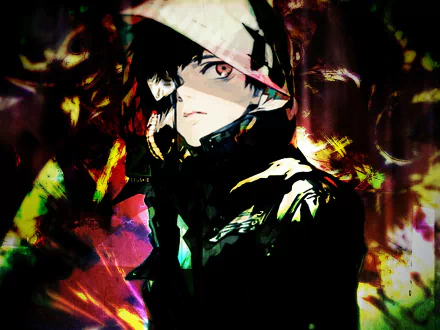 HD desktop wallpaper featuring Ken Kaneki from the anime Tokyo Ghoul, set against a vibrant, abstract background.