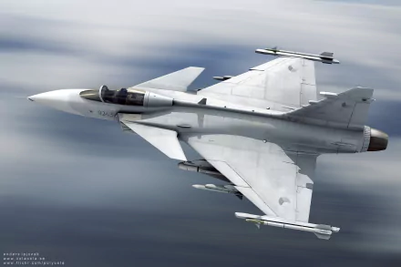 HD desktop wallpaper featuring a Saab JAS 39 Gripen military jet soaring through a blurred sky, emphasizing speed and advanced aerodynamic design.