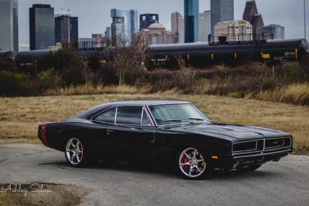 A sleek black Dodge Charger parked against a city skyline, showcasing its sporty design. This HD desktop wallpaper captures the vehicle's bold presence in an urban setting.