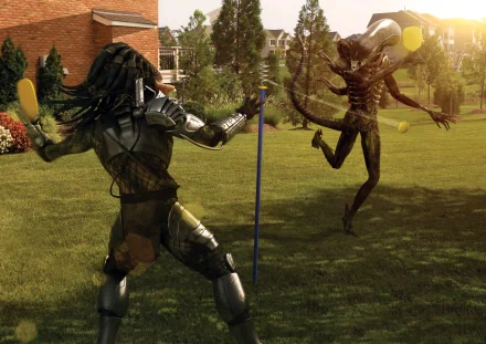 HD desktop wallpaper featuring a humorous tetherball match between Predator and Alien characters in a sunny suburban backyard.