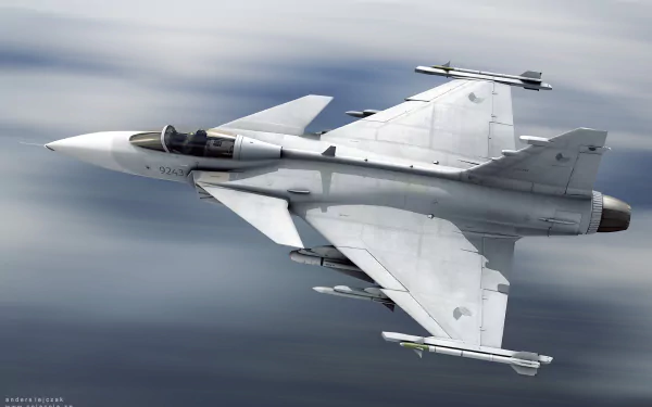 HD desktop wallpaper featuring a Saab JAS 39 Gripen military jet soaring through a blurred sky, emphasizing speed and advanced aerodynamic design.