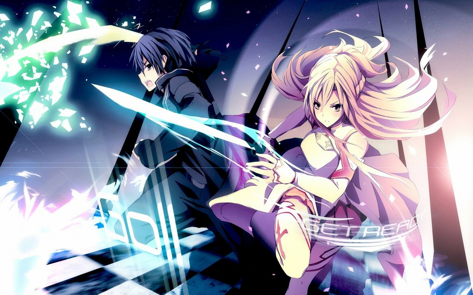 Asuna Yuuki and Kirito from Sword Art Online are striking dynamic poses with swords, set against a vibrant, high-definition background. This anime-themed wallpaper captures their adventurous spirit.