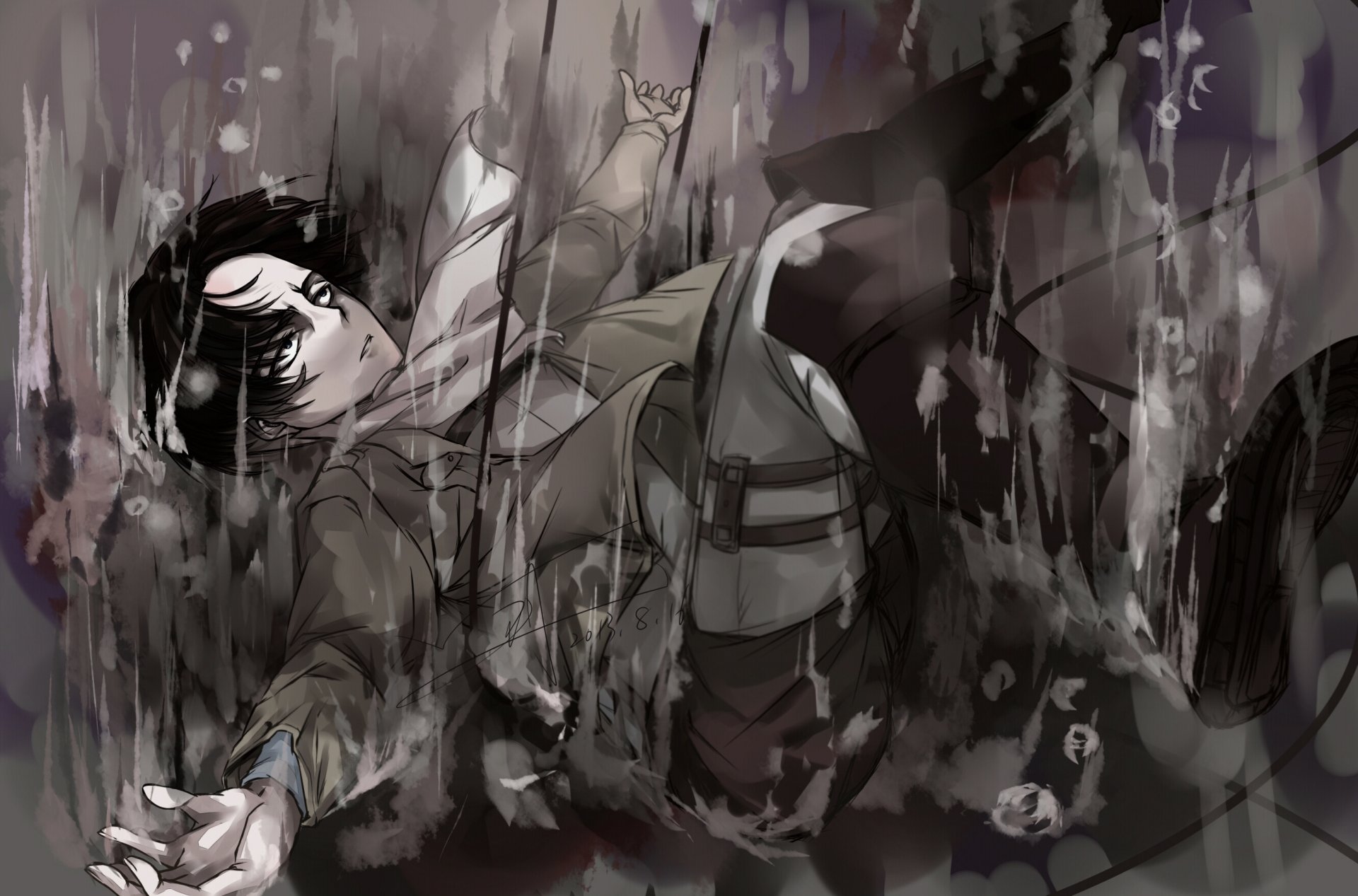 A dramatic HD wallpaper featuring Levi Ackerman from the anime Attack on Titan, showcasing his intense expression amidst a dark, engaging background.