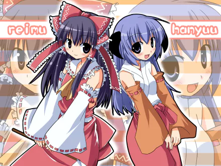 HD PC desktop wallpaper featuring an anime crossover: Touhou's Reimu Hakurei and Higurashi When They Cry's Furude Hanyū smiling together against a patterned backdrop.
