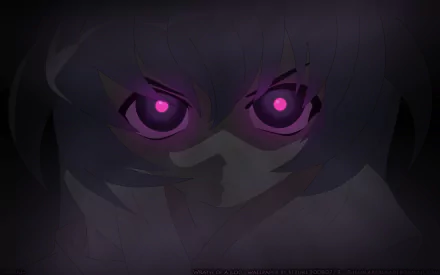 Dark, intense close-up of Furude Hanyū’s glowing eyes from the anime Higurashi When They Cry, featuring the mysterious presence of Oyashiro-sama.