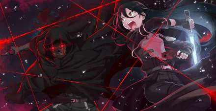 HD desktop wallpaper of Death Gun and Kirito from Sword Art Online II, featuring intense anime action with red laser effects in a dark, dynamic setting.