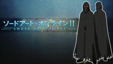 HD wallpaper featuring Death Gun from Sword Art Online II, showcasing a dark, mysterious figure with glowing red eyes against a textured background.