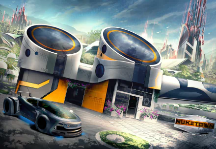 HD desktop wallpaper of Nuketown from Call of Duty: Black Ops III, featuring a futuristic setting with sleek architecture and a modern car in the foreground.