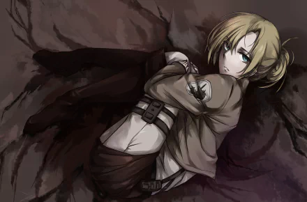 Annie Leonhart from Attack on Titan lies against a dark background in this HD anime desktop wallpaper, showcasing her contemplative expression and detailed character design.