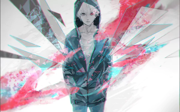 HD desktop wallpaper featuring Ken Kaneki from Tokyo Ghoul, with colorful abstract effects and shards around him.