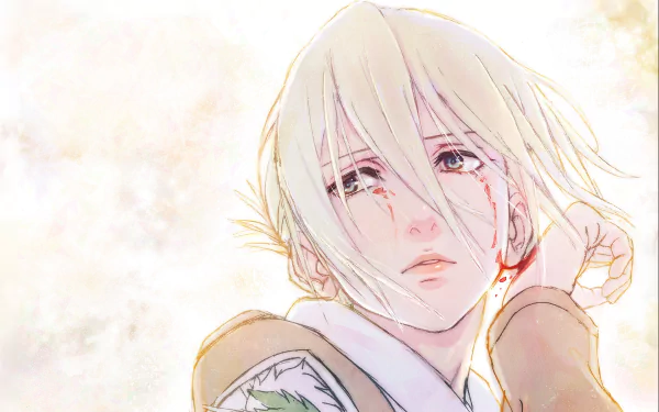 Annie Leonhart from Attack on Titan gazes thoughtfully, with stained cheeks and a soft, ethereal background, creating a striking HD wallpaper for fans of the anime.