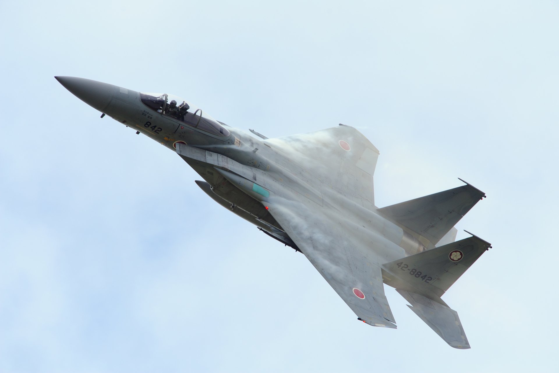 Military McDonnell Douglas F-15 Eagle banking upward against a pale sky — 2K Quad HD PC desktop wallpaper/background.