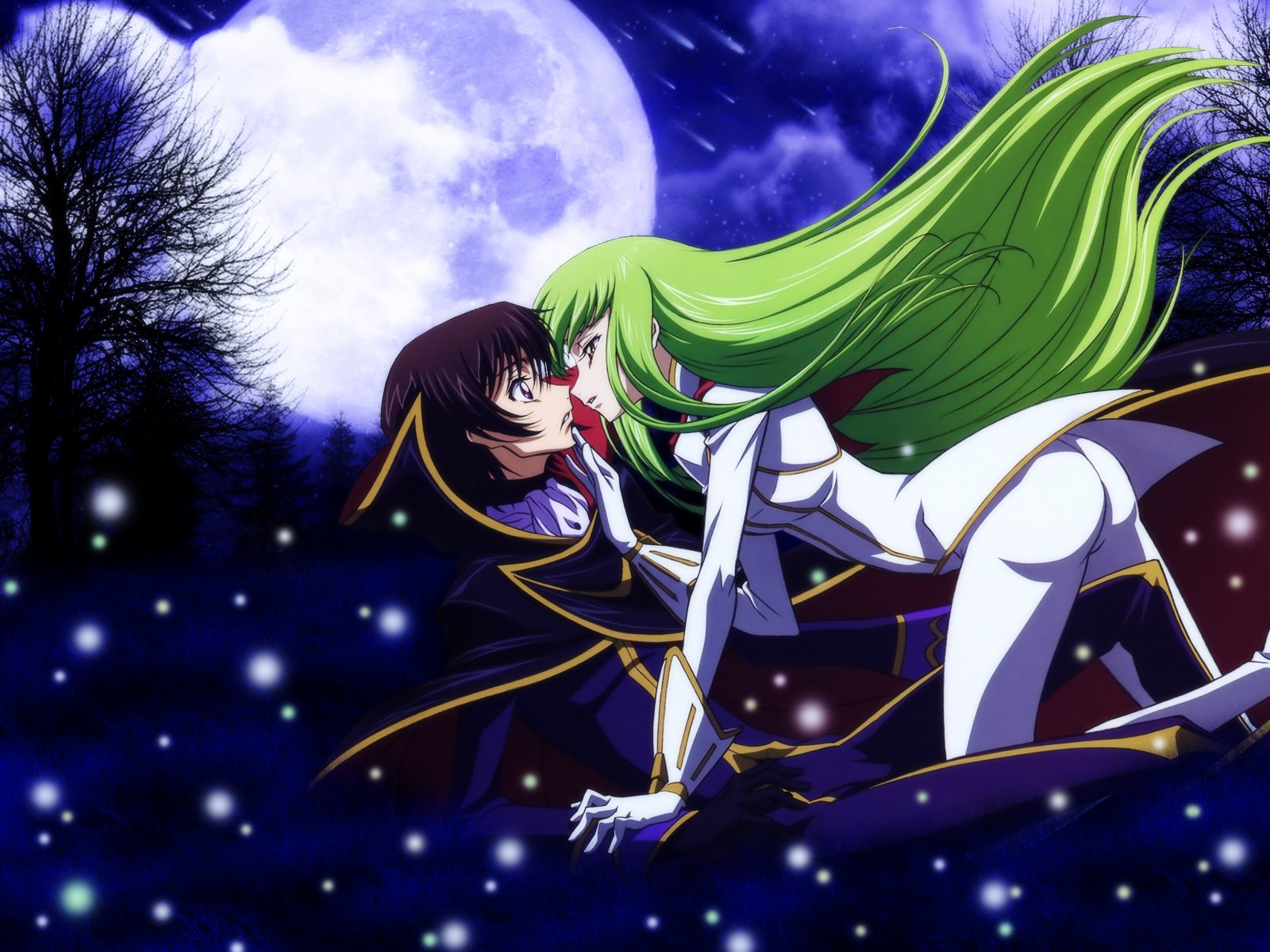 Lelouch Lamperouge and C.C. from Code Geass share an intense moment under a full moon, surrounded by a night sky, capturing the essence of their complex relationship in this HD anime wallpaper.