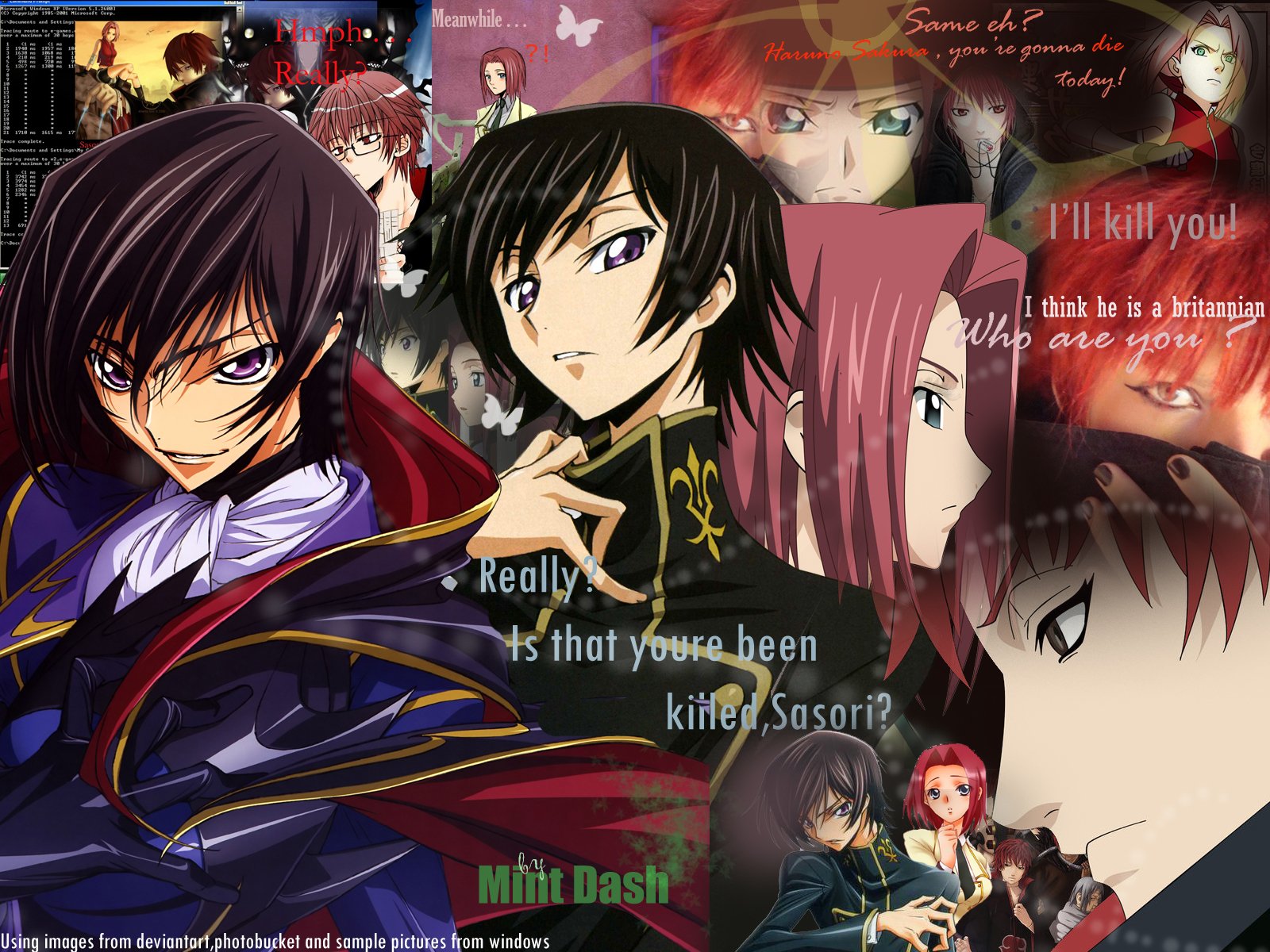 HD anime desktop wallpaper featuring a crossover of Sakura Haruno, Sasori (Naruto), Kallen Kōzuki, Suzaku Kururugi, and Lelouch Lamperouge with intense expressions.