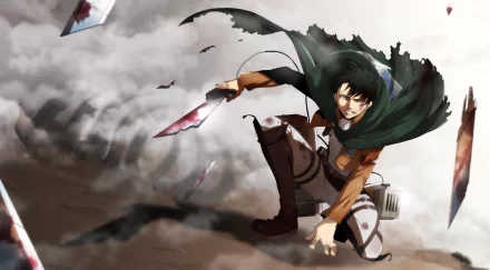 HD desktop wallpaper featuring Levi Ackerman from the anime series Attack on Titan, showcasing him in action with a dynamic pose and blades, set against a dramatic background.