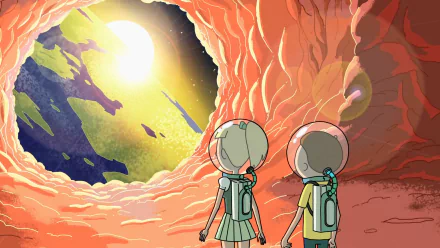HD desktop wallpaper featuring Morty Smith and Annie from the TV show Rick and Morty inside Anatomy Park, looking toward a bright light at the cave's entrance.
