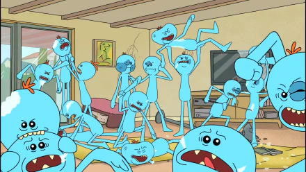 A dynamic scene featuring multiple Mr. Meeseeks from Rick and Morty, showcasing their distinct blue forms and expressions in a lively living room setting.