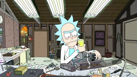 Rick Sanchez from the TV show Rick and Morty is depicted in an HD desktop wallpaper, surrounded by clutter in a workshop, holding a drink while focusing on a gadget.