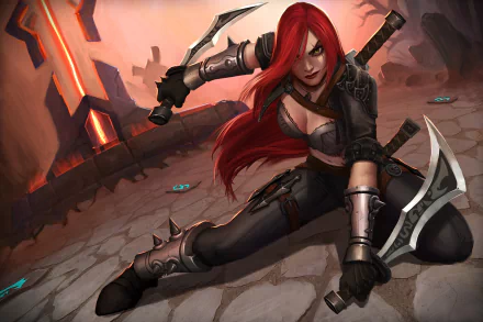 Katarina from League of Legends, depicted in an action pose with dual blades, sets the scene in this HD desktop wallpaper, perfect for fans of the video game.