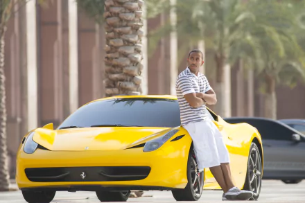Ludacris as Tej stands confidently by a vibrant yellow Ferrari in this HD wallpaper from Furious 7, capturing the essence of speed and style in the Fast & Furious franchise.