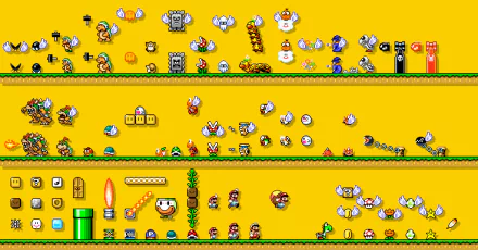 HD desktop wallpaper showcasing a vibrant Super Mario Maker game level with various characters and items.