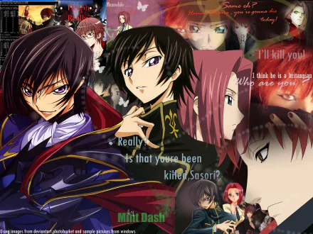 HD anime desktop wallpaper featuring a crossover of Sakura Haruno, Sasori (Naruto), Kallen Kōzuki, Suzaku Kururugi, and Lelouch Lamperouge with intense expressions.