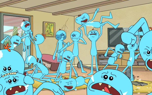 A dynamic scene featuring multiple Mr. Meeseeks from Rick and Morty, showcasing their distinct blue forms and expressions in a lively living room setting.