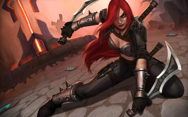 HD PC desktop wallpaper featuring Katarina, a fierce character from the video game League of Legends, poised for battle with dual blades in a fiery, ruined setting.