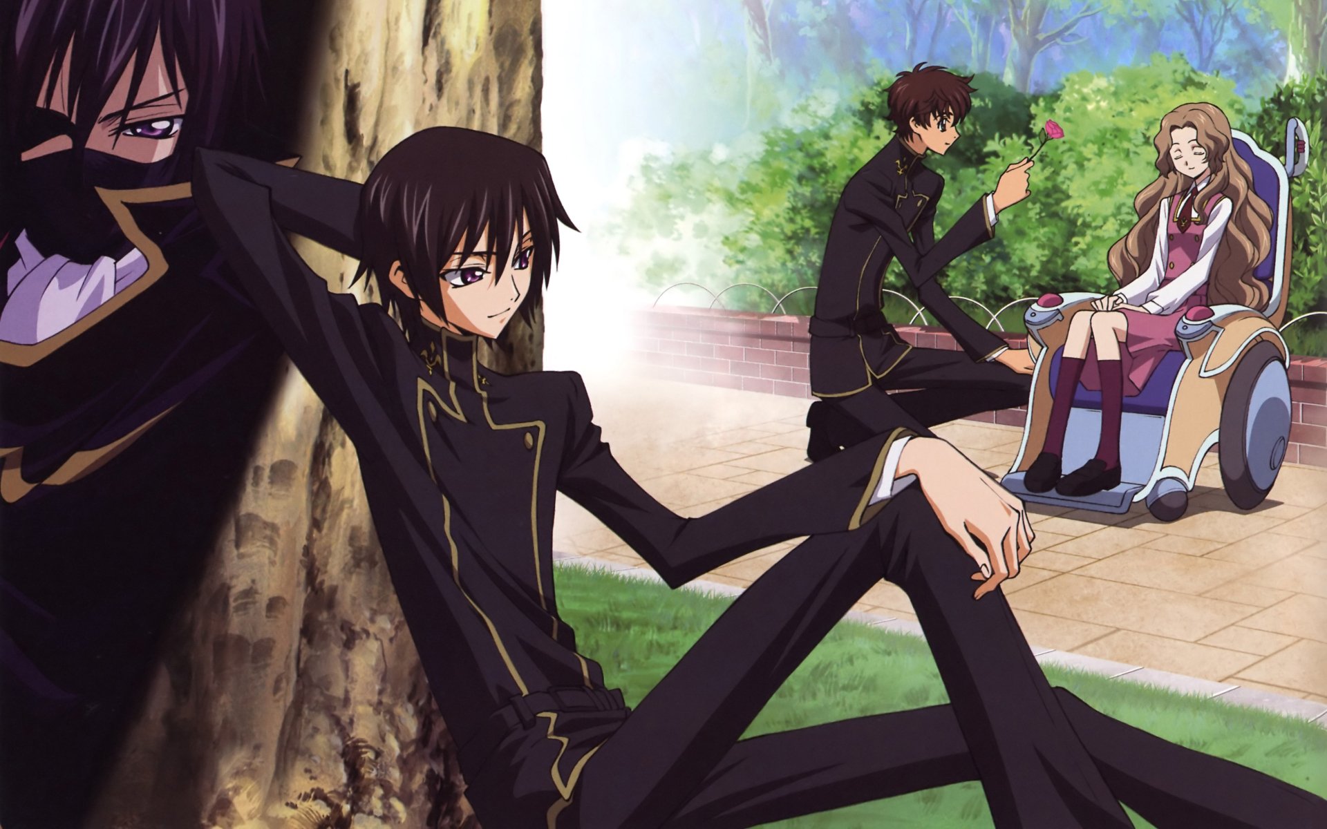 Code Geass anime 4K Ultra HD PC desktop wallpaper: Lelouch Lamperouge lounges against a tree while Suzaku Kururugi offers a flower to Nunnally Lamperouge in a sunlit garden.