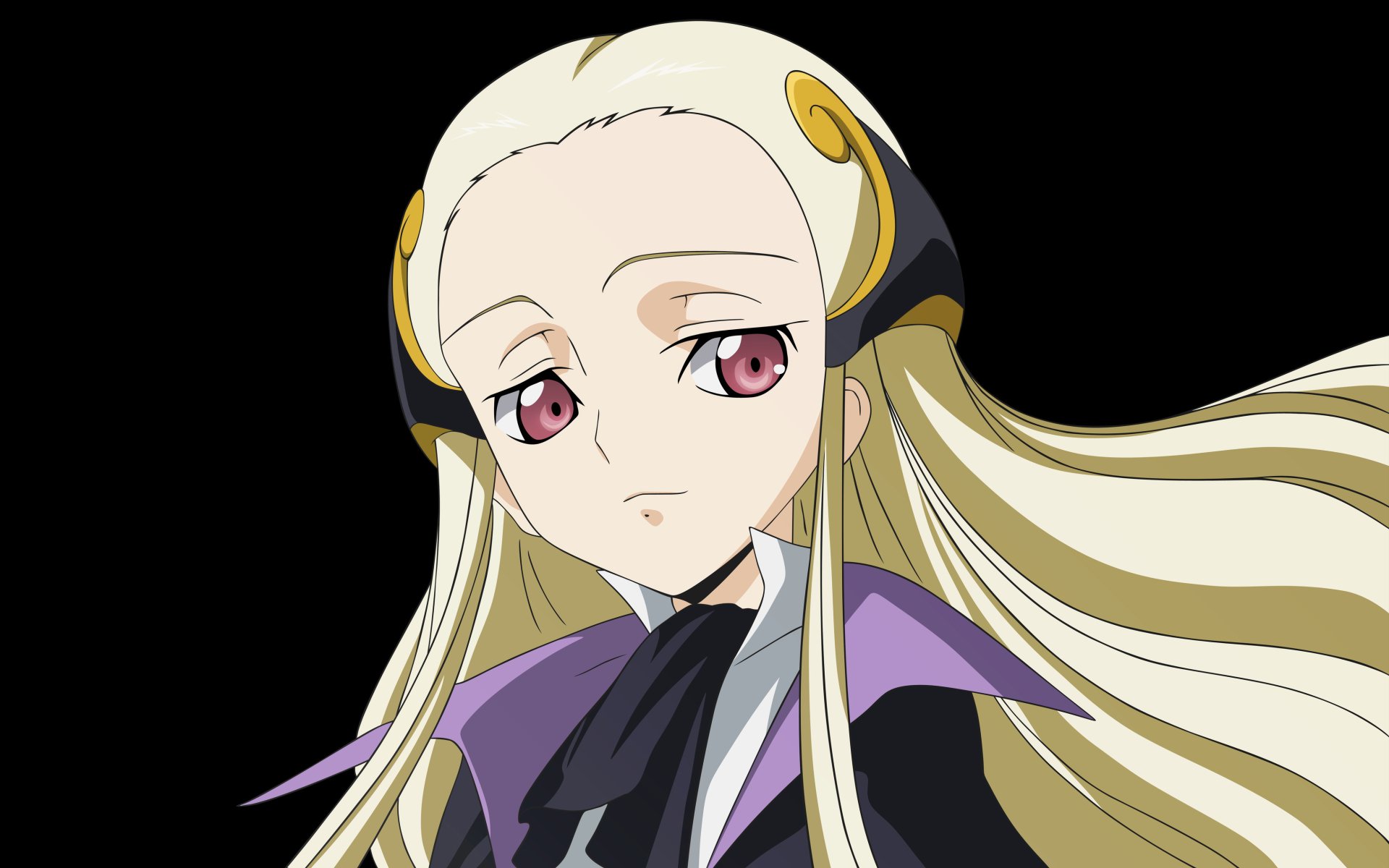 V.V. (Code Geass) anime 4K Ultra HD PC desktop wallpaper/background: close-up portrait of a pale character with long blonde hair, pink eyes, and a purple-black outfit on a black backdrop.