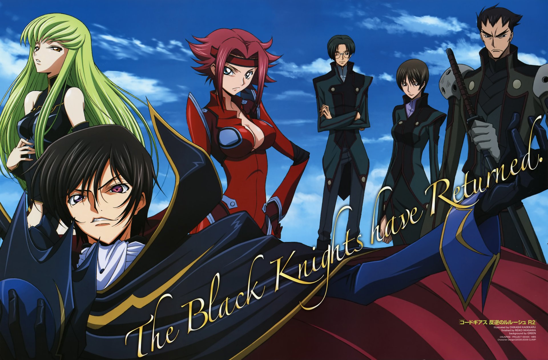 4K Ultra HD Code Geass anime wallpaper featuring Lelouch Lamperouge, C.C., Kallen Kōzuki, and other key characters with the text The Black Knights Have Returned.