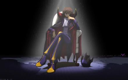 Lelouch Lamperouge sits contemplatively on a throne, emanating a commanding presence. This HD wallpaper captures the essence of his character from the anime Code Geass.