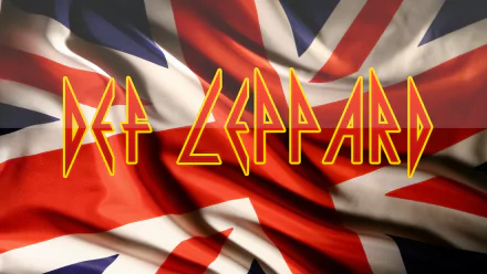 HD PC desktop wallpaper featuring the vibrant Union Jack flag with the bold, stylized Def Leppard band logo overlay, celebrating their British rock music legacy.